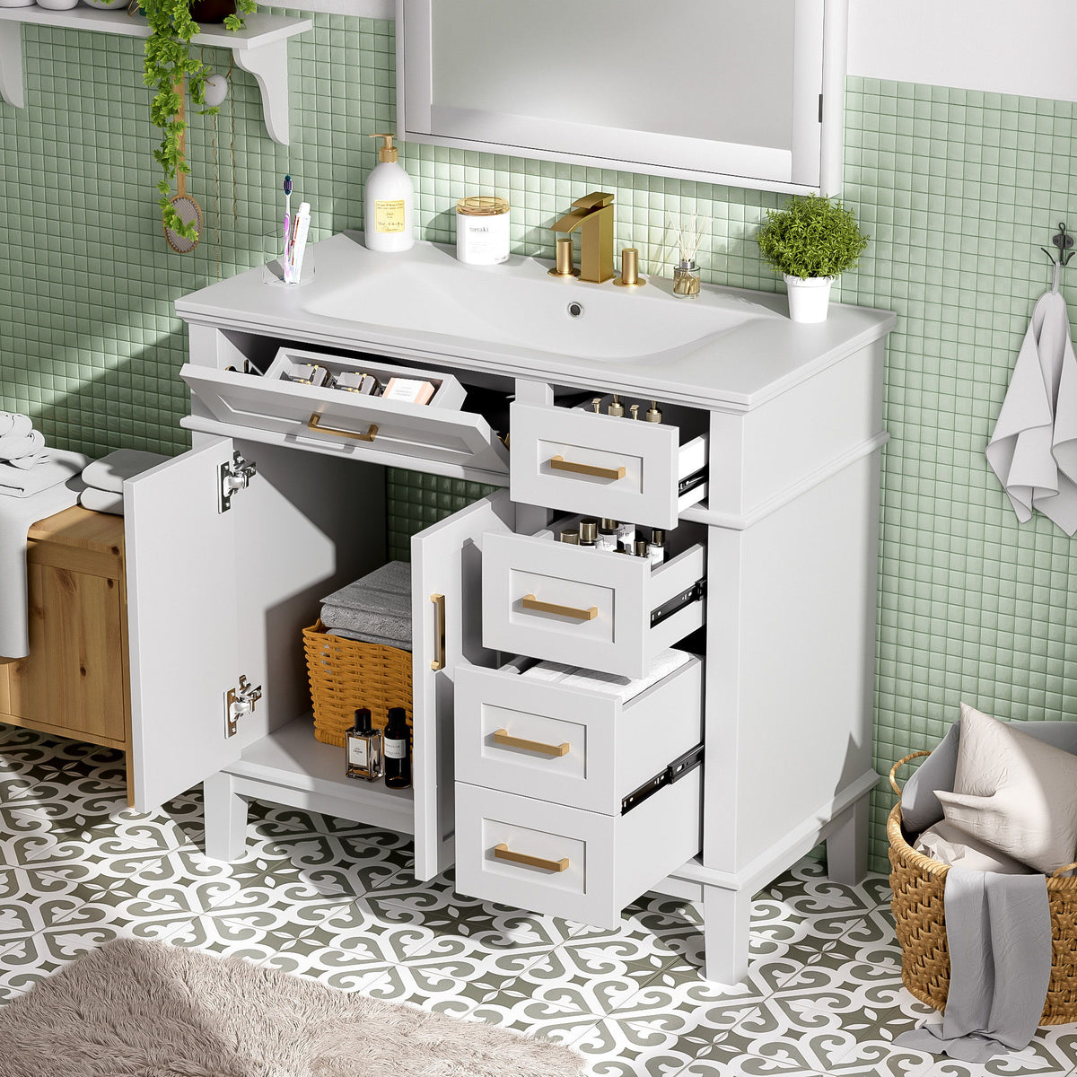 Bathroom Vanity With Sink, Soft Close Doors, 4 Storage Drawers