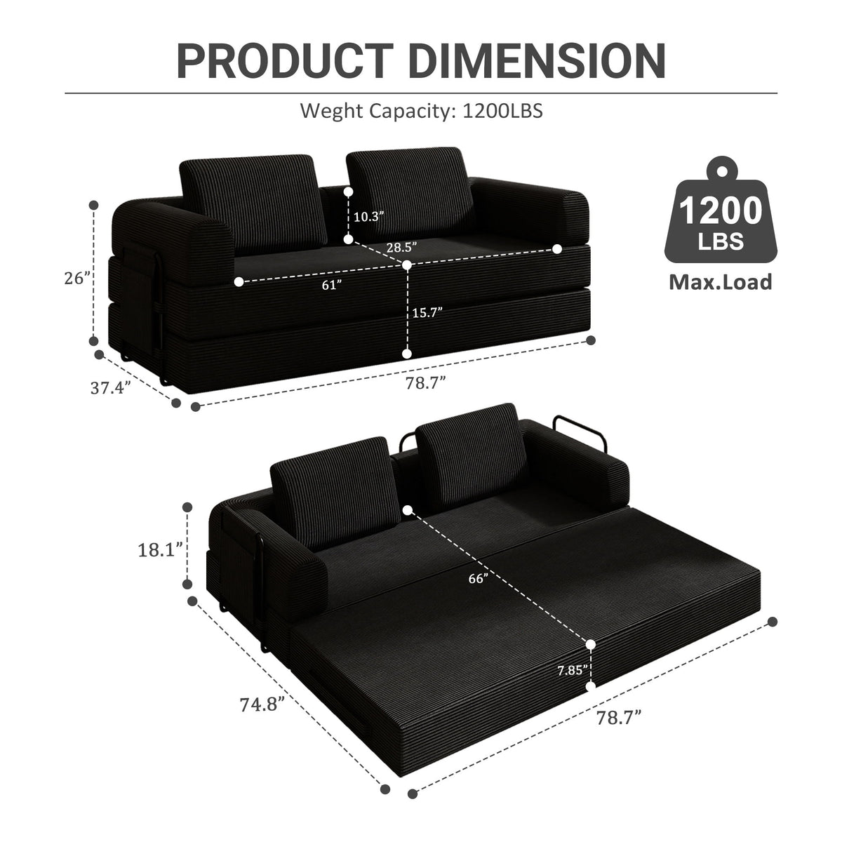 Convertible Sleeper Sofa Bed With Cylindrical Pillow, Fixed Shape Frame