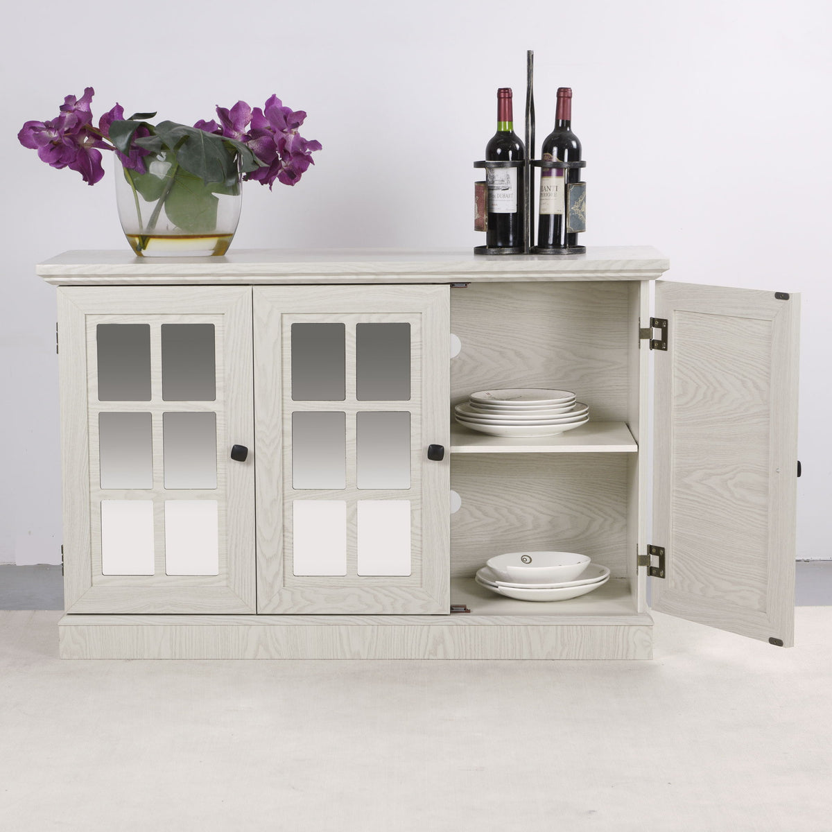 Storage Cabinet With 3 Mirrored Acrylic Doors, Adjustable Shelves