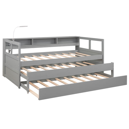 Daybed With 2 Trundles, 3 Storage Cubbies, Built In USB Charging Light