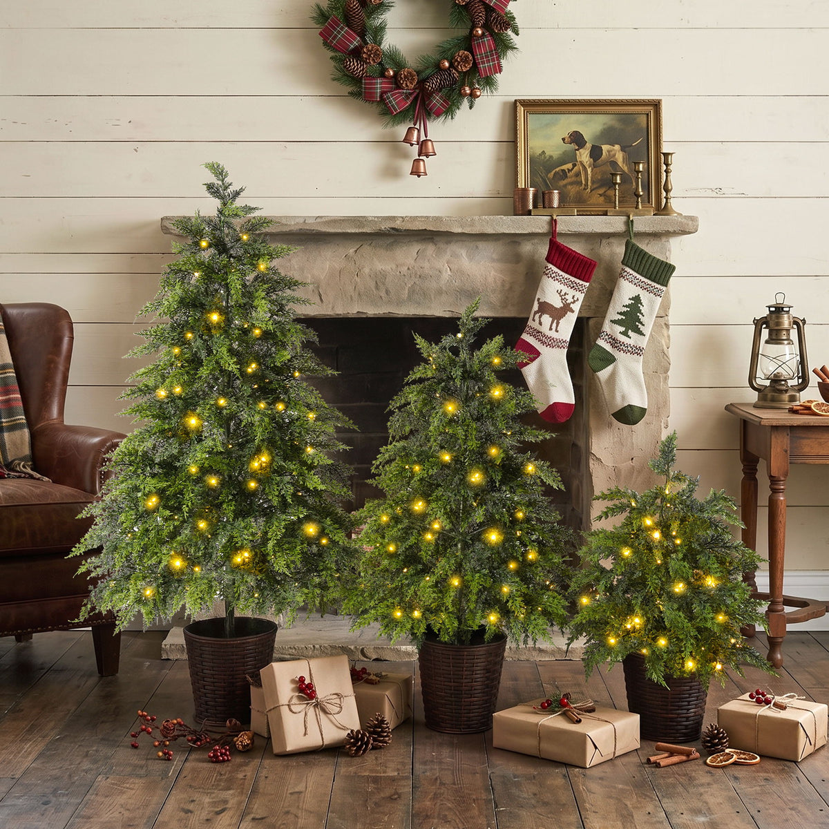 3 Piece Pre Lit Christmas Tree Set With Warm Glowing LED Lights, Sturdy Potted Base, Full Cascading Branches - Green