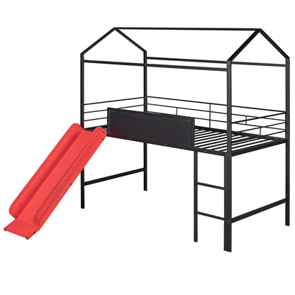 Twin Metal Loft Bed With Slide And 2 Sided Writable Wooden Board - Black