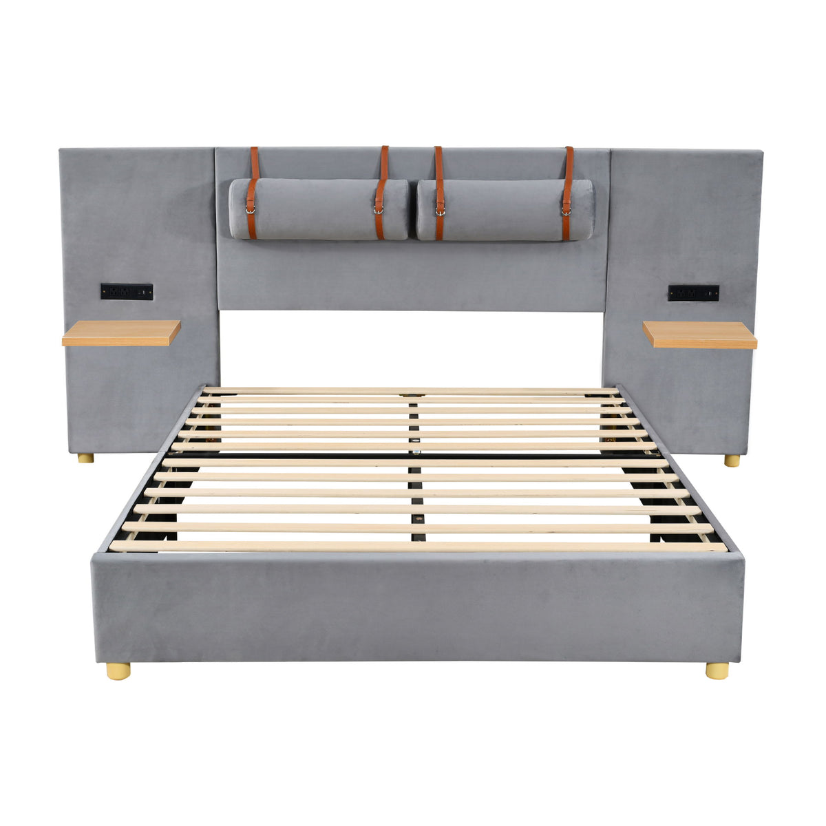 Upholstered Platform Bed, 2 Outlets And USB Charging Ports On Both Sides, 2 Bedside Pillows, Storage Shelves