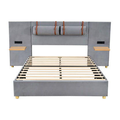 Upholstered Platform Bed, 2 Outlets And USB Charging Ports On Both Sides, 2 Bedside Pillows, Storage Shelves