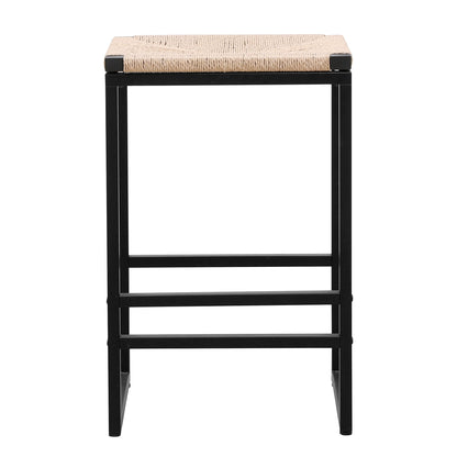 Boho Style Backless Bar Stools (Set of 2) With Paper Rope Woven Seat & Metal Frame For Kitchen Counter