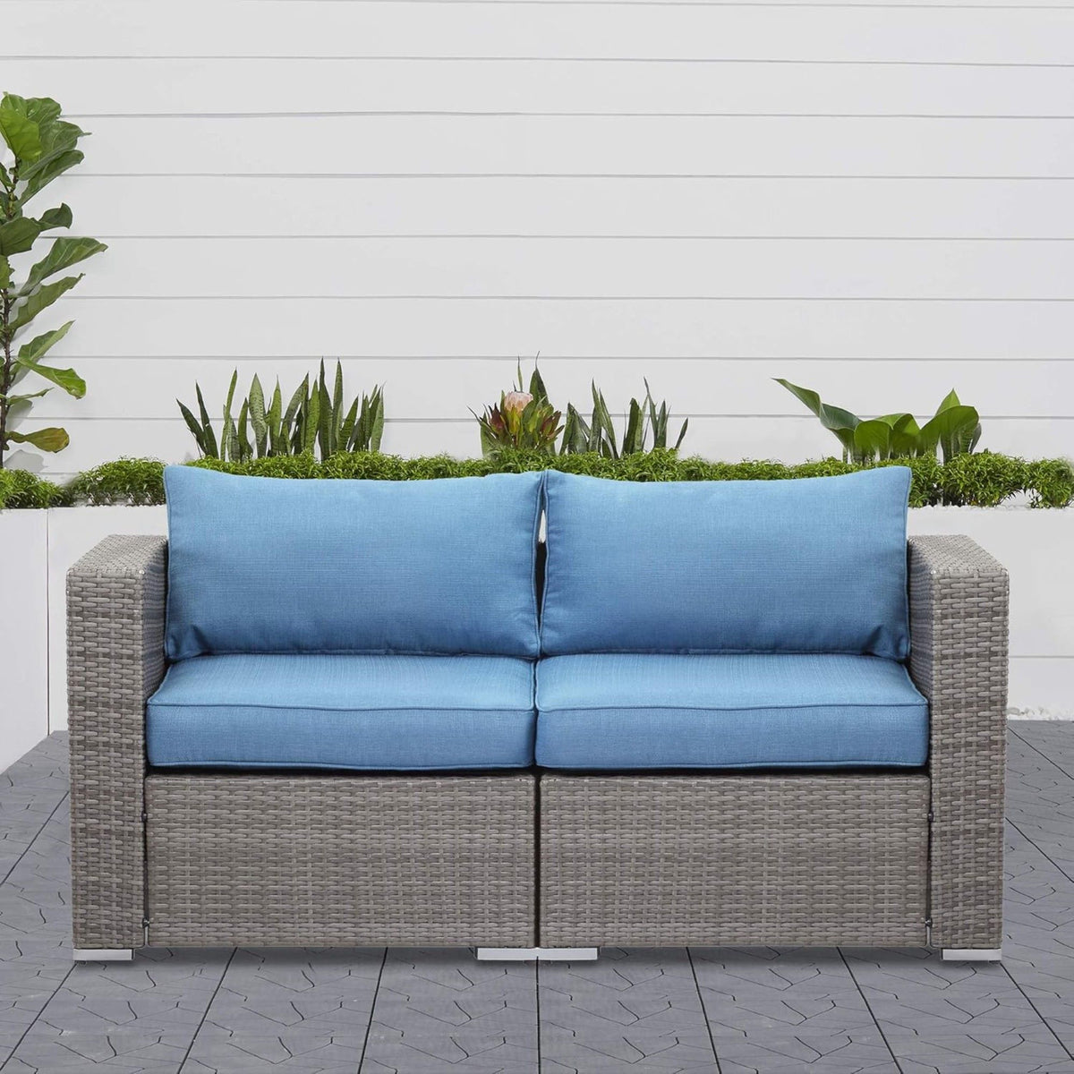 2 Piece Patio Loveseat Set With Thick Cushions, Outdoor Sectional Sofa For Balcony - Blue / Brown