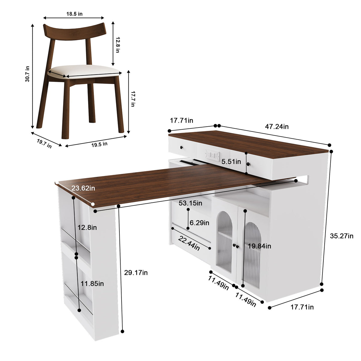 Kitchen Island Set With 4 Chairs, Extendable & Rotating Table, 4 Drawers & Glass Door Cabinets - Walnut