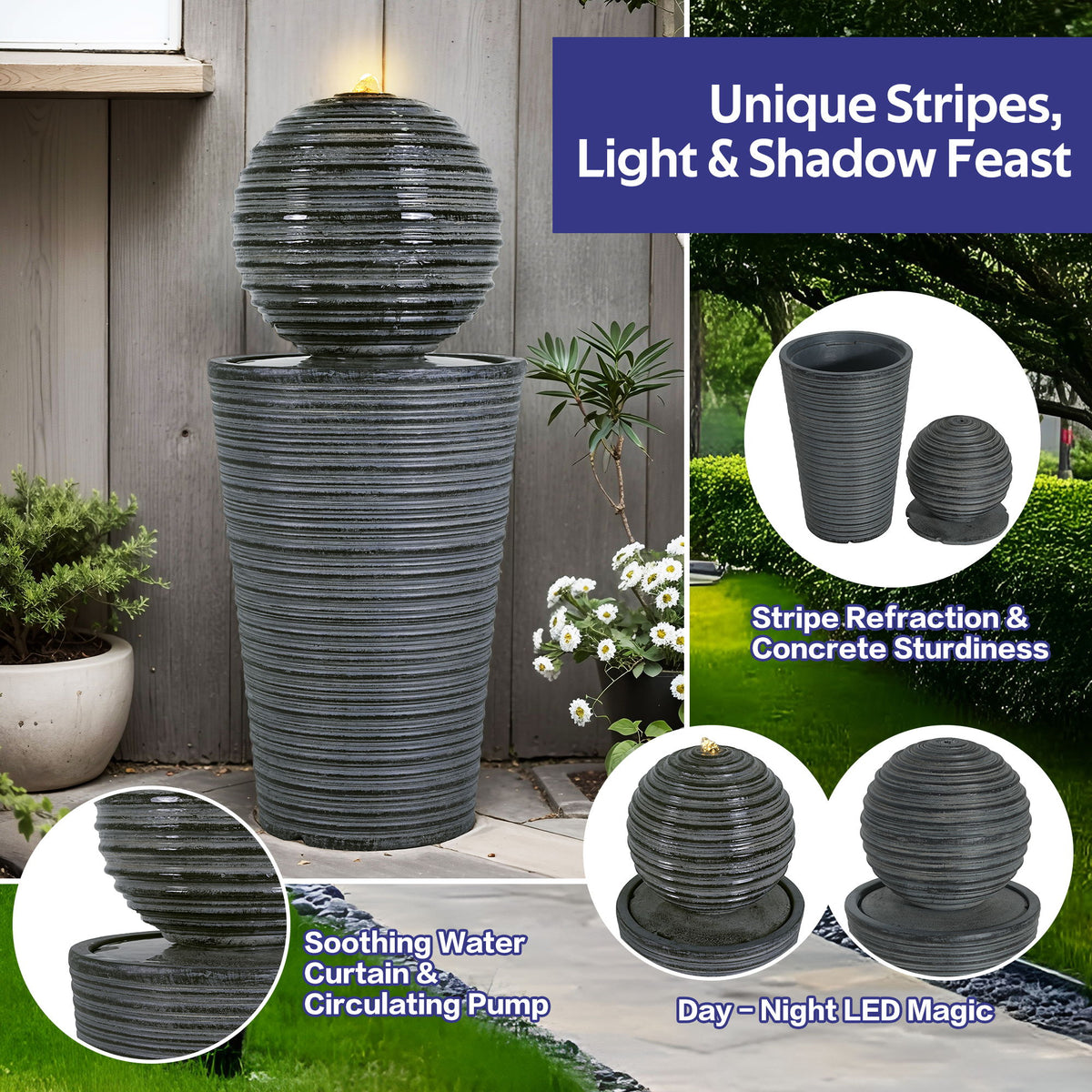 31.5" Tall Striped Column Fountain With LED Light Design For Outdoor Spaces - Gray