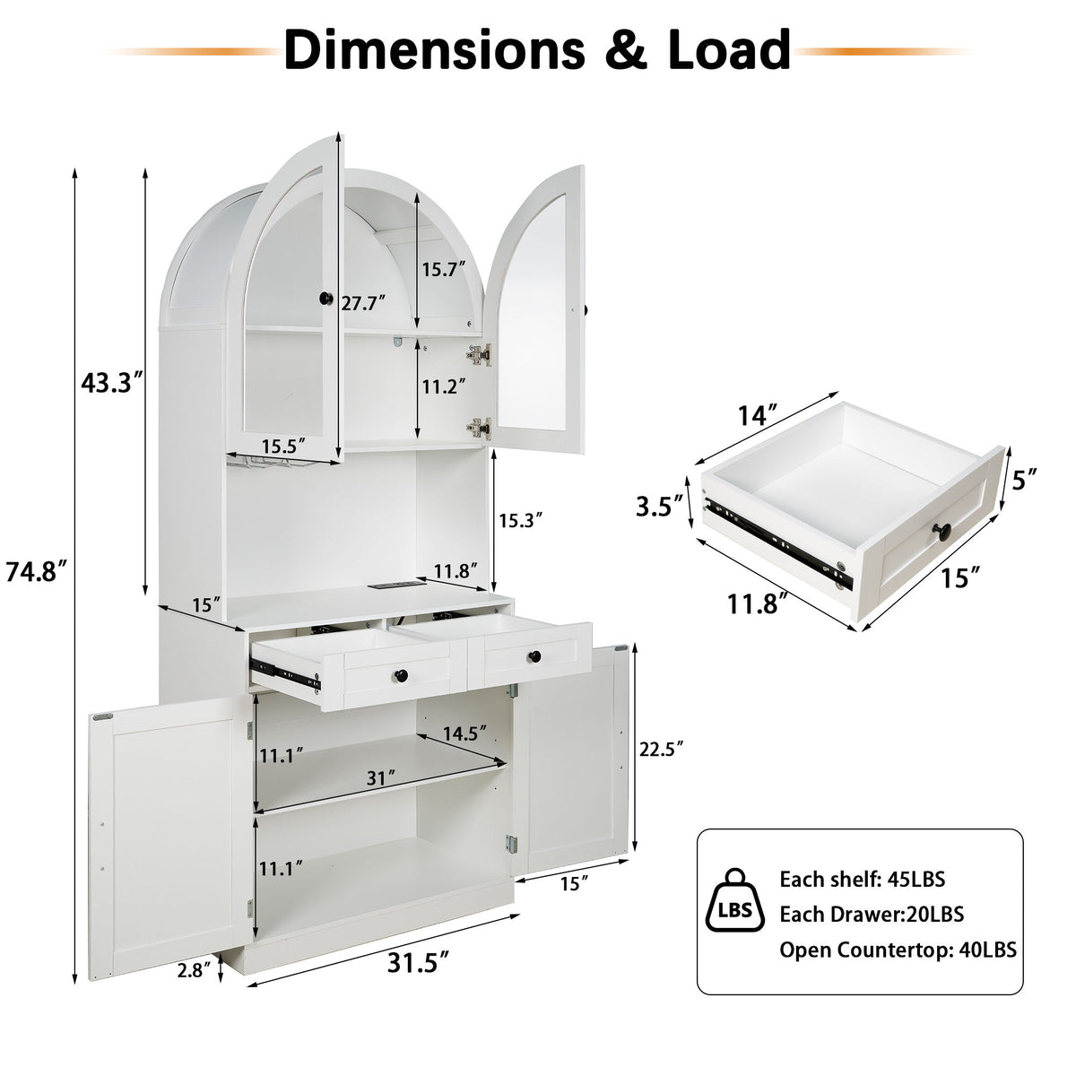 Tall Arched Pantry Cabinet With Charging Station, Adjustable Shelves, Coffee Bar With Open Countertop For Kitchen - White