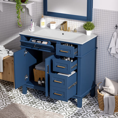 Bathroom Vanity With Ceramic Sink, Soft-Close Doors, 4 Storage Drawers - Blue