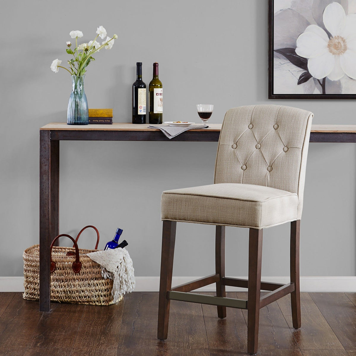 Tufted Counter Stool With Button Tufted Back - Tan