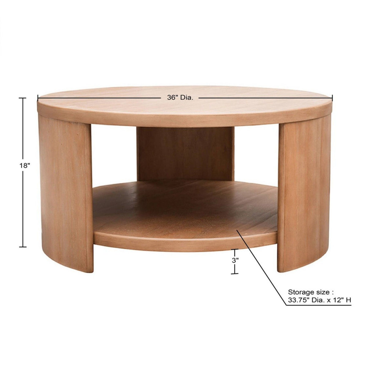 Minimalist Round Coffee Table With Shelf Storage - Natural
