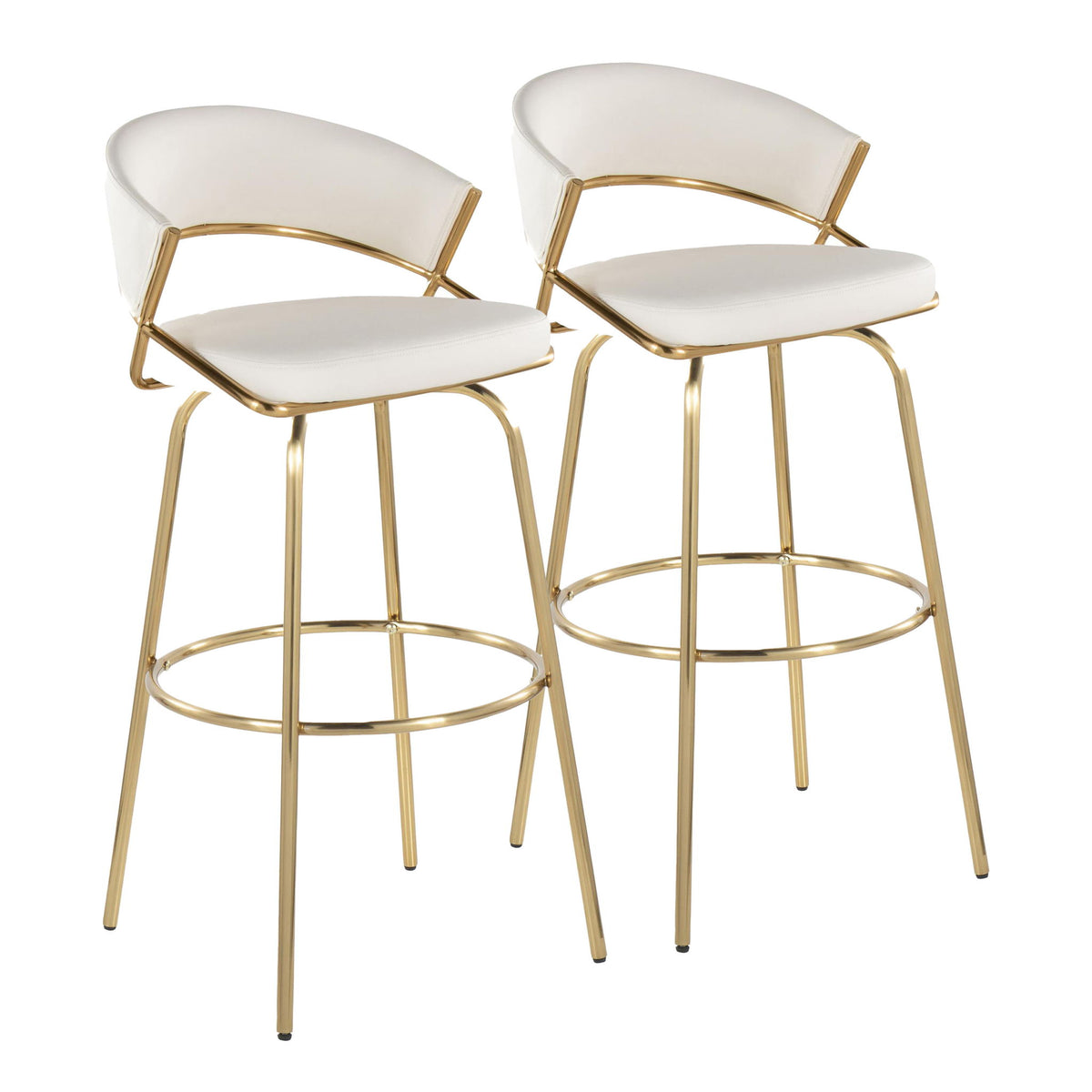 Jie - Fixed Height Contemporary Barstool With Swivel With Round Footrest (Set of 2) - Gold / White