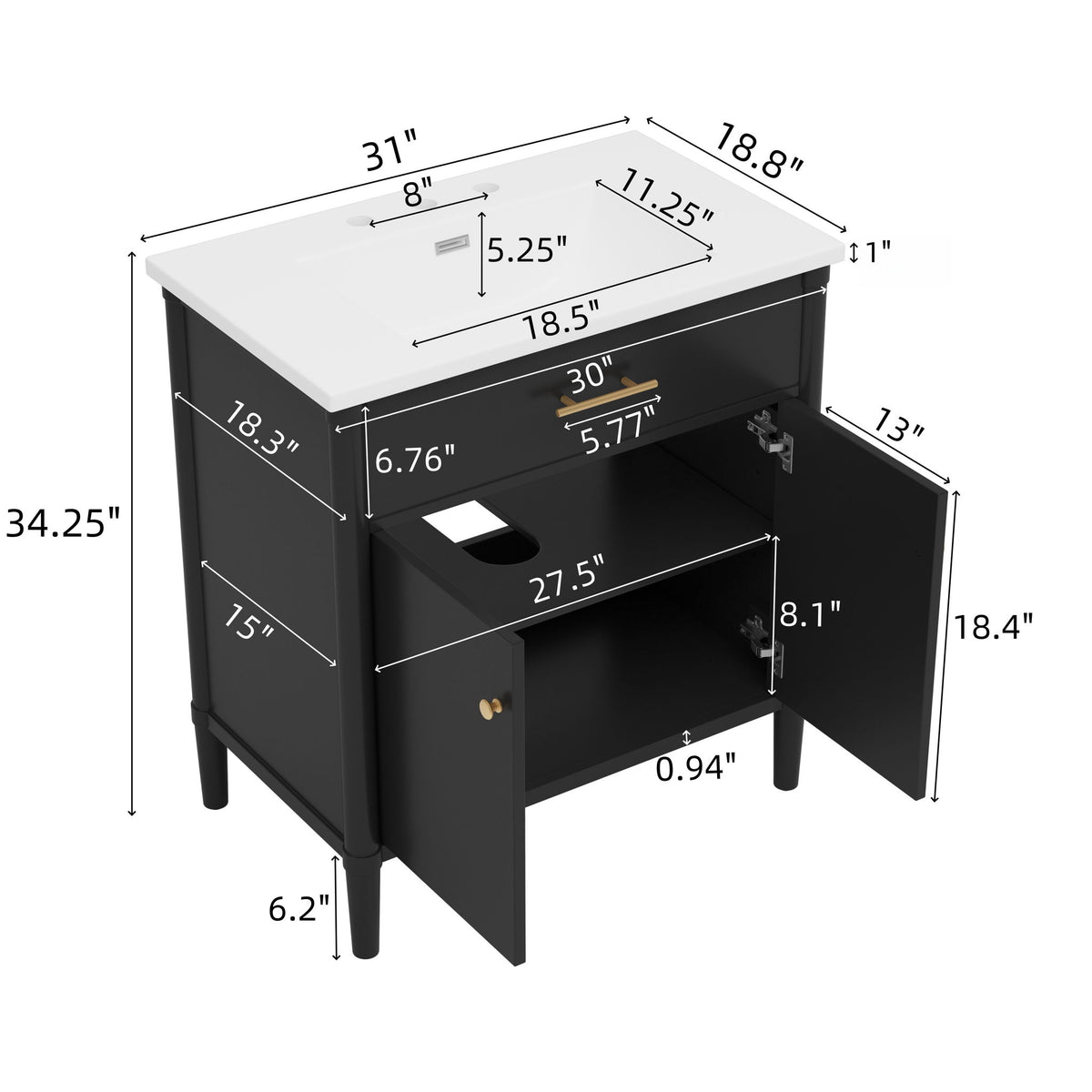 Bathroom Vanity With Sink, Soft Close Doors And Adjustable Shelf