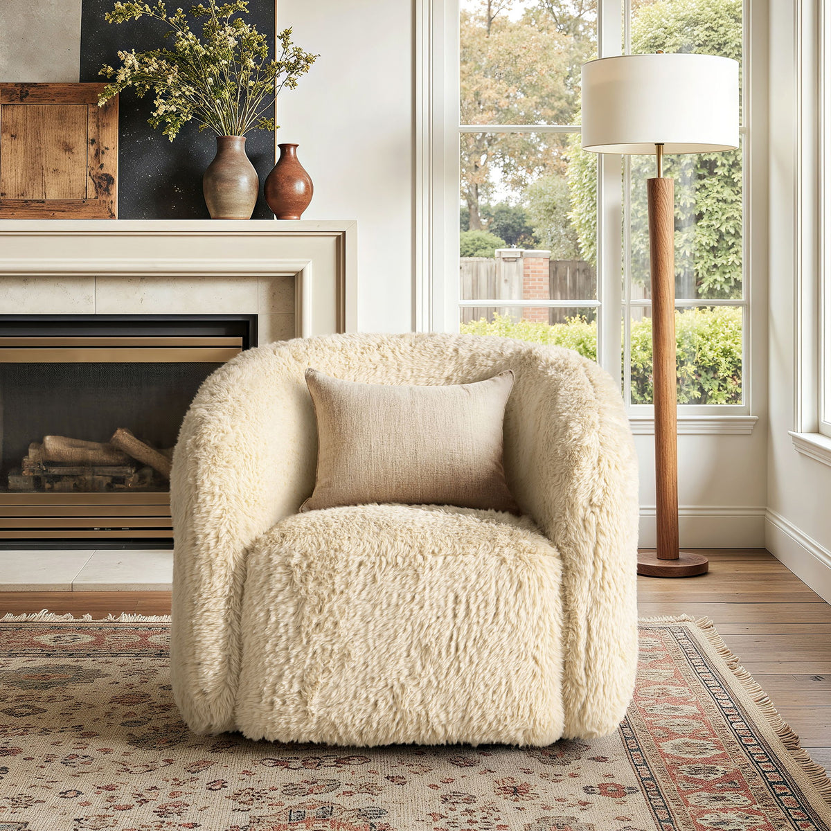 Colt - Fur Swivel Upholstered Barrel Accent Arm Chair - Cream Beige