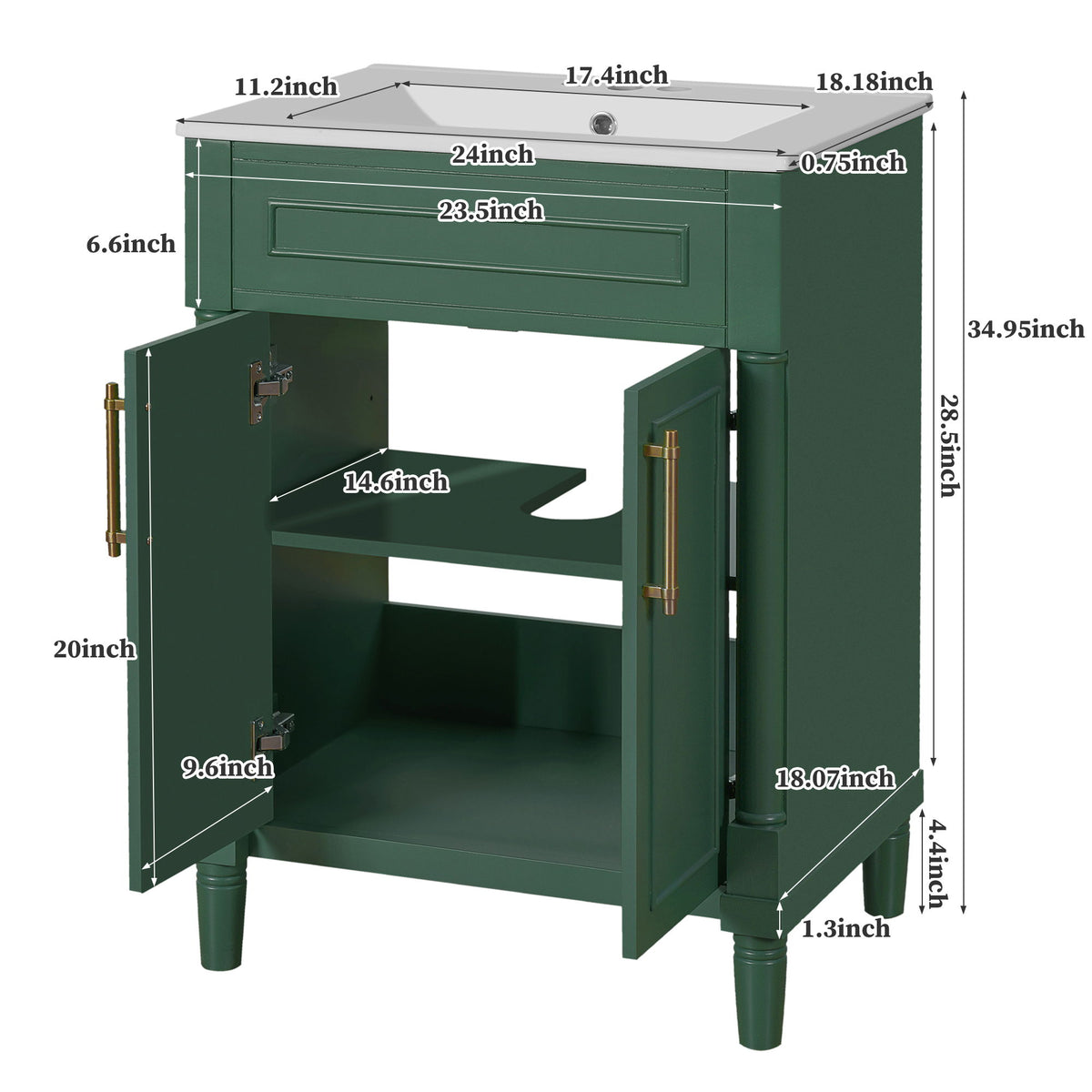 Bathroom Vanity With Integrated Sink, 2 Door Cabinet, Single Sink For Small To Medium Bathrooms