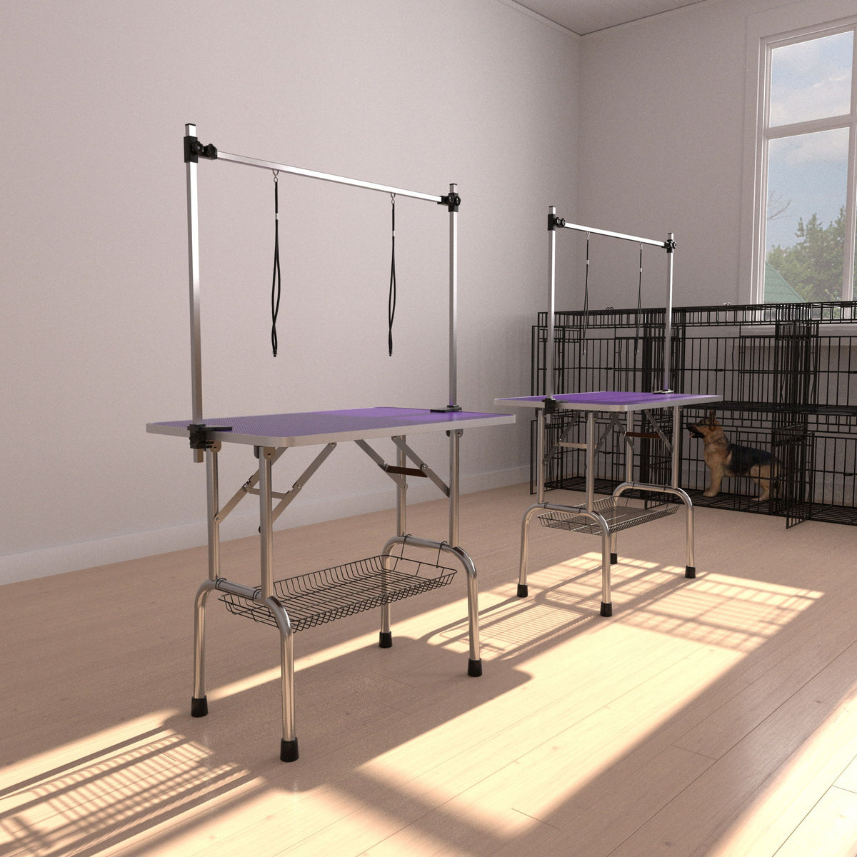 Folding Dog Pet Grooming Table Stainless Steel Frame Rubber Mat On Board With Adjustable Arm And Clamps Pet Dog Cat Grooming Table