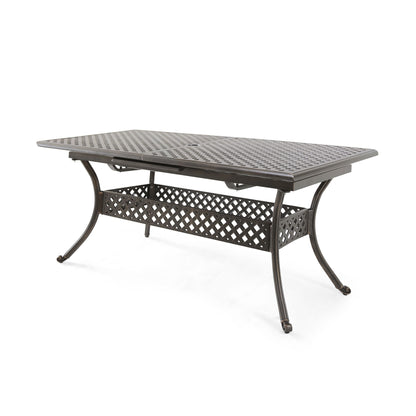 Outdoor Expandable Dining Table With Umbrella Holder, Lattice Pattern And Curved Legs - Black