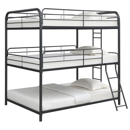 Triple Bunk Bed, Full Size With Sturdy Metal Frame And Safe Stairs - Black