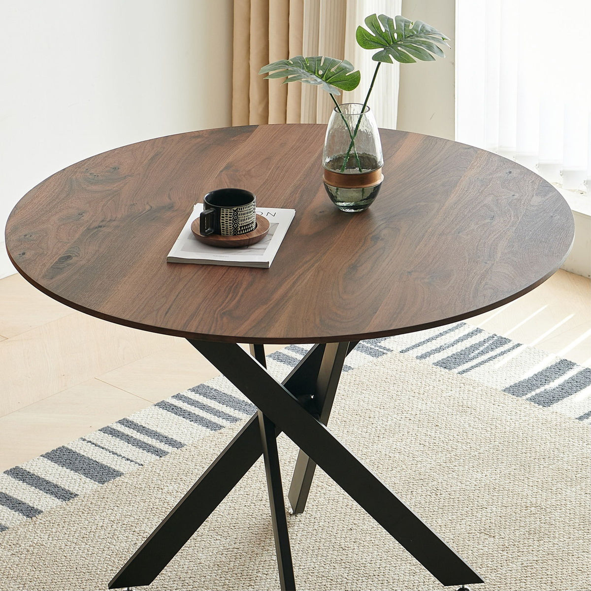 Mid-Century Dining Table For 4 - 6 People With Round Table Top, Pedestal Dining Table, End Table Leisure Coffee Table, Cross Leg
