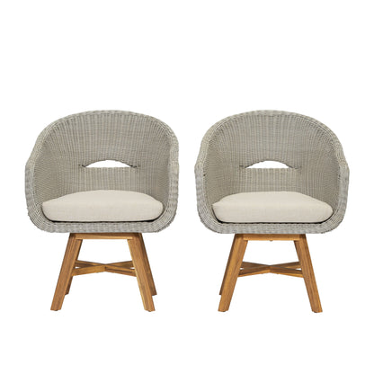 Modern Coastal Rattan Dining Chairs, (Set of 2), Solid Wood Legs - Beige / Gray Ash / Natural