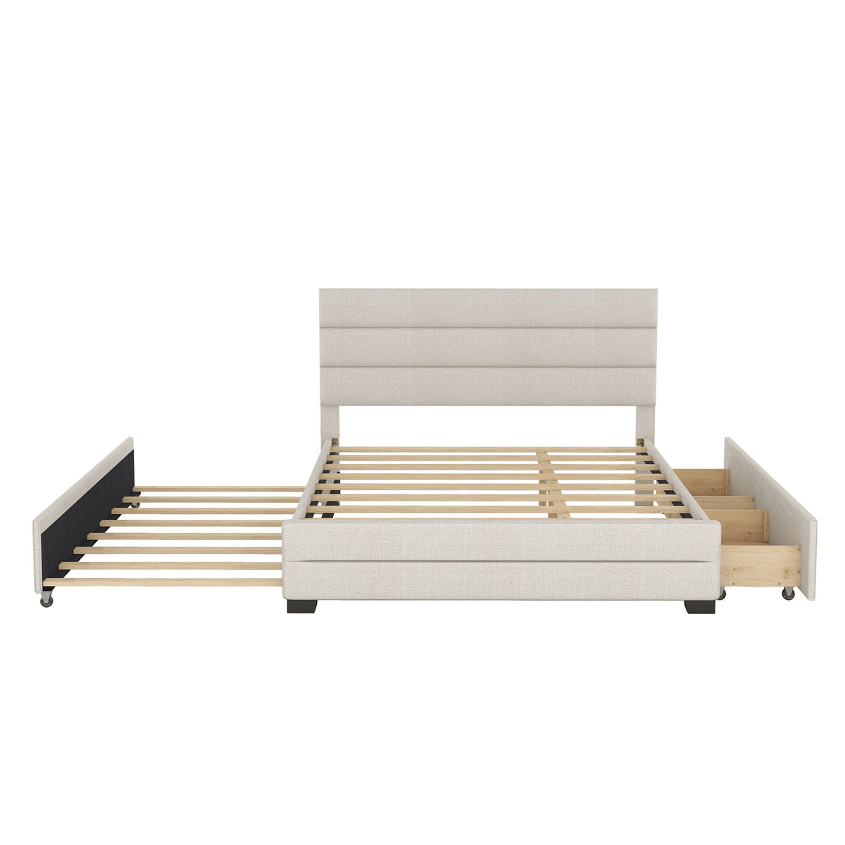 Queen Platform Bed With Twin Trundle And 2 Storage Drawers - Beige