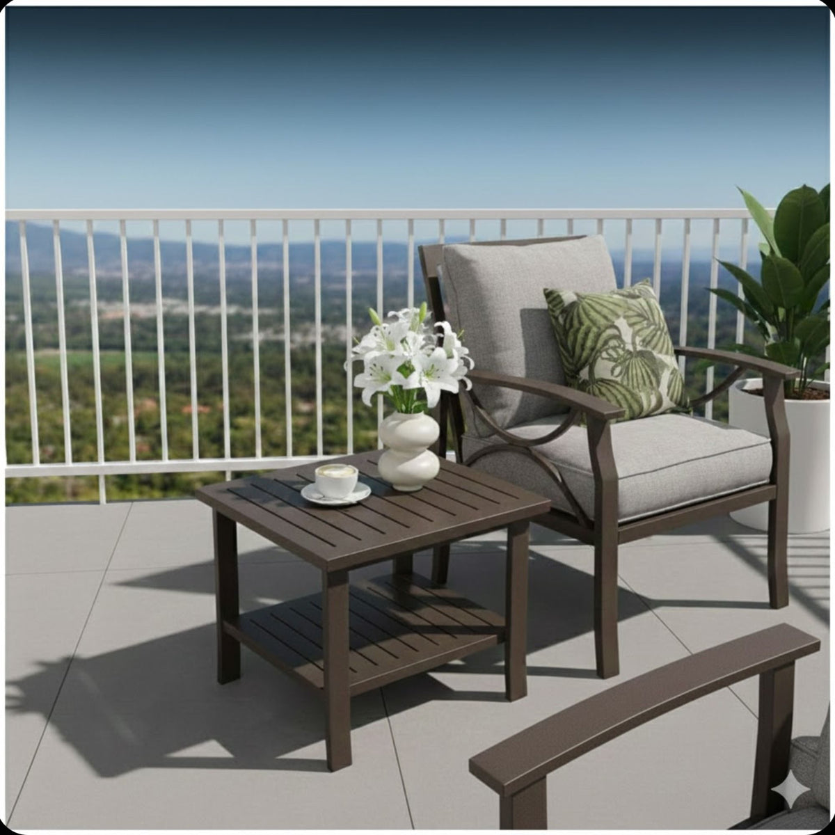 Square 2 Tier All-Weather Outdoor Side Table With Slatted Top