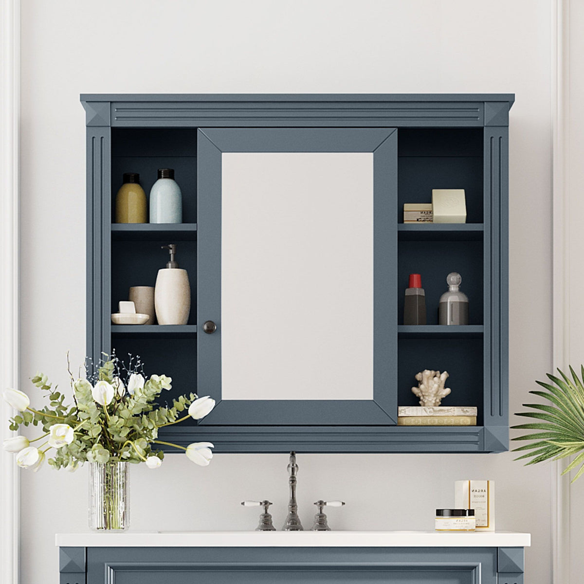 Wall Mounted Bathroom Storage Cabinet With Mirror, Cabinet With 6 Open Shelves And Adjustable Interior
