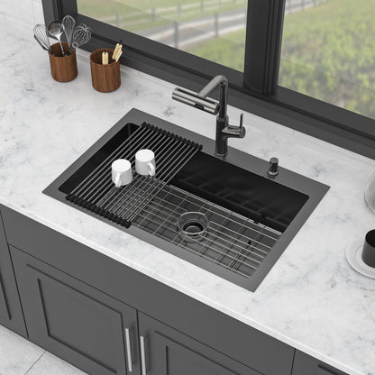 Drop-In Stainless Steel Kitchen Sink With Pull-Out Faucet And Soap Dispenser