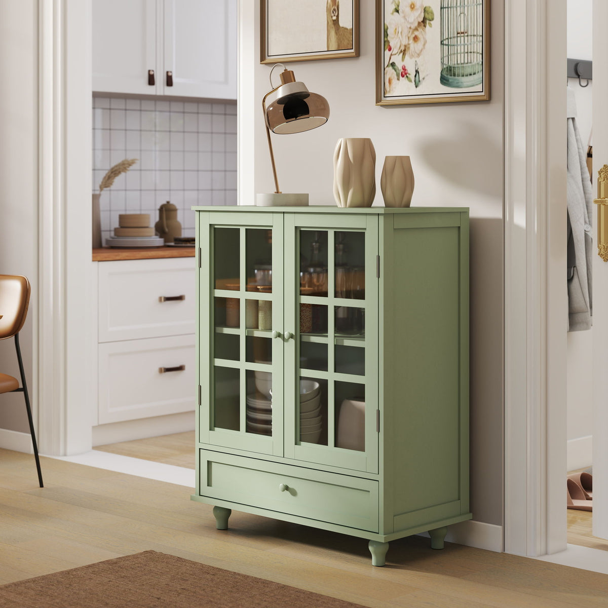 Minimalist Buffet Cabinet With Double Glass Doors And Drawer