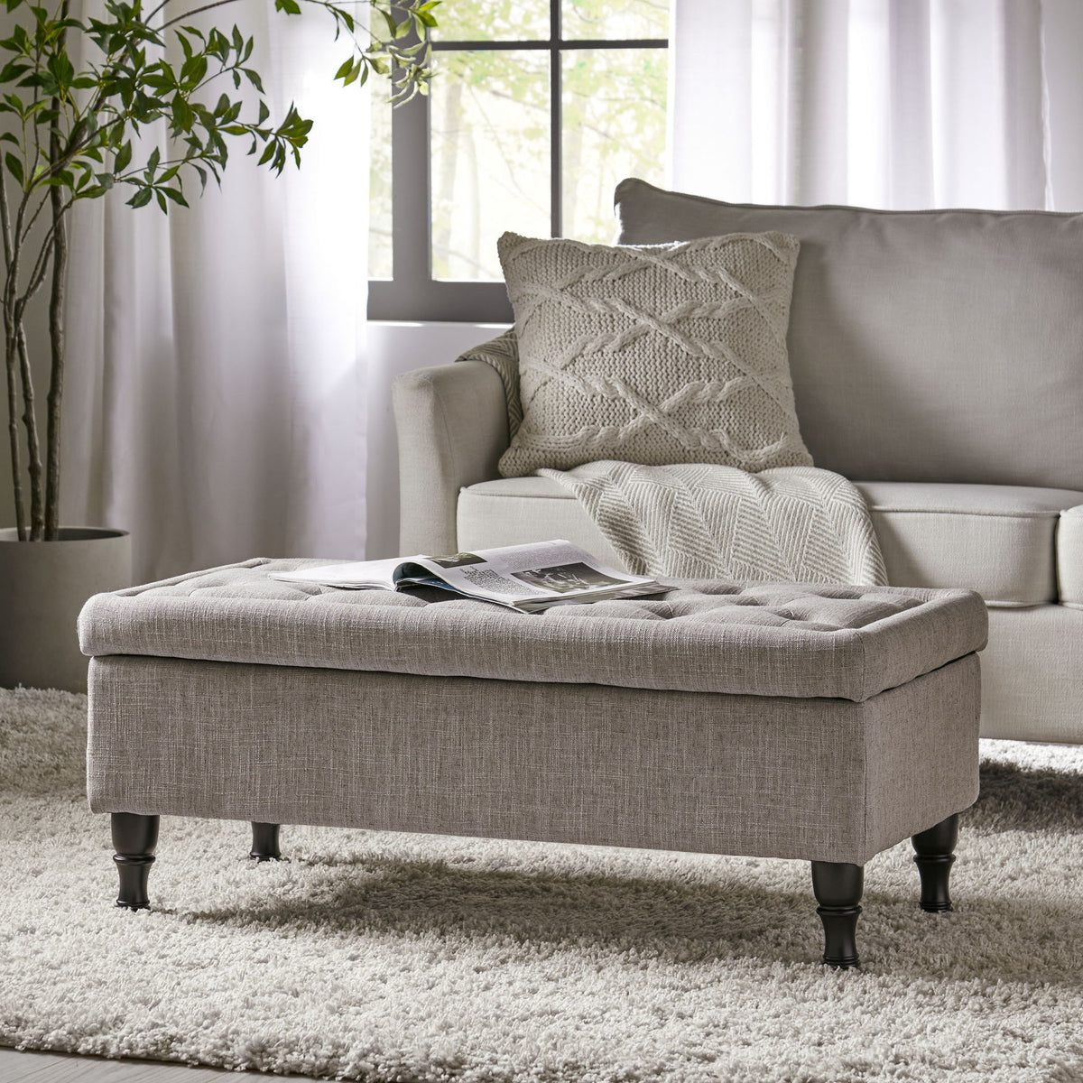 Dean - Fabric Storage Wide Tufted Rectangle Ottoman - Gray