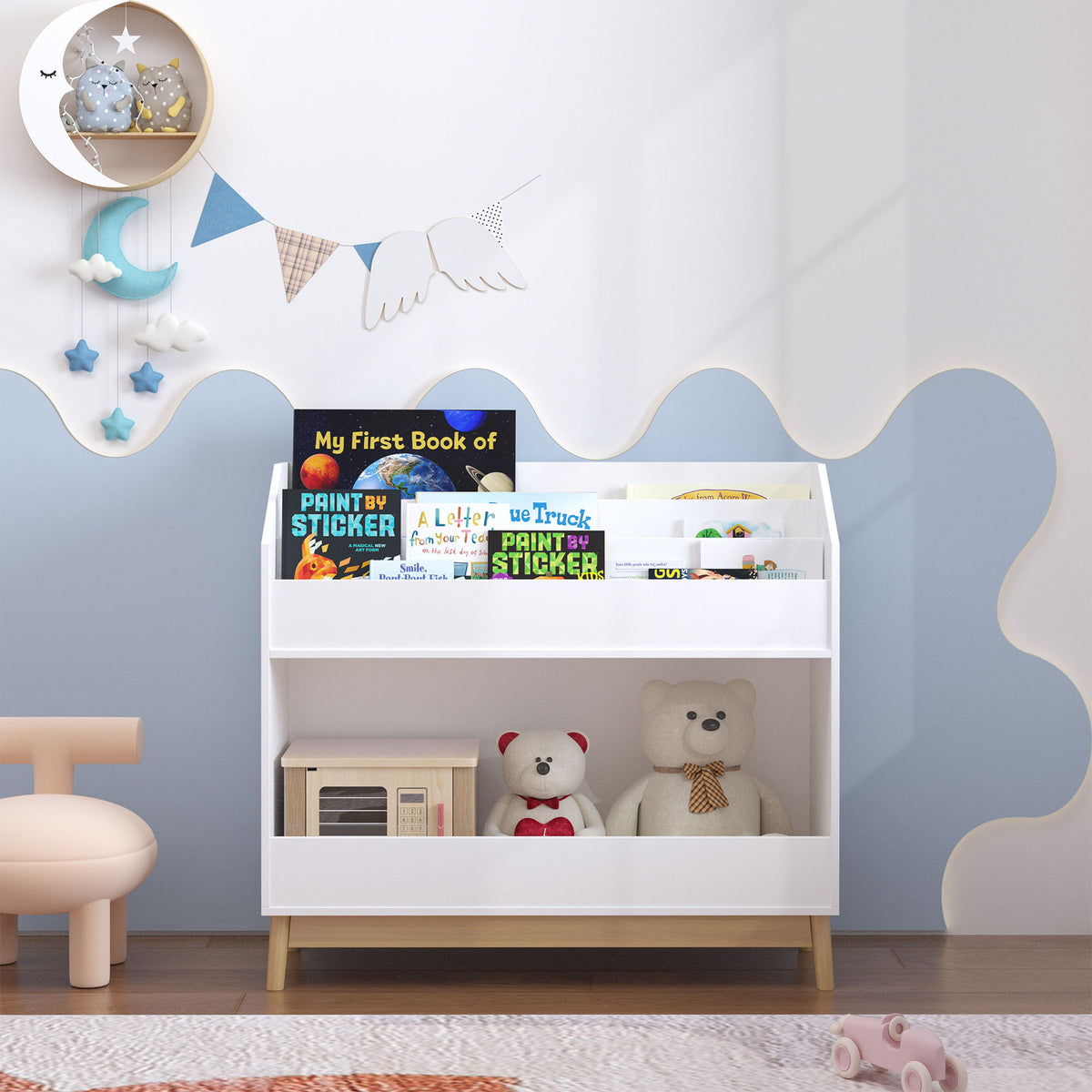 Bookcase Organizer With Storage, 3 Tier Toddler Book Display Shelf For Playroom - White