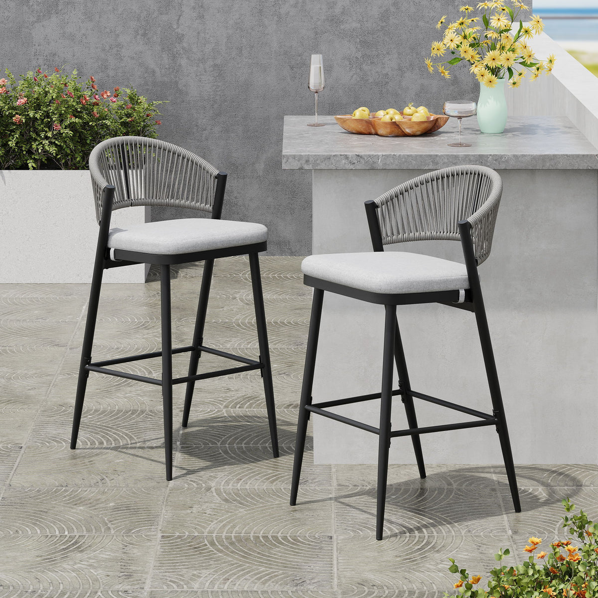 Outdoor Bar Height Metal Frame Counter Stools With Scallop Shaped Backrest & Water Resistant Cushions