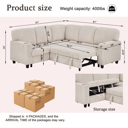 L-Shaped Sofa With Pull Out Sofa Bed With USB