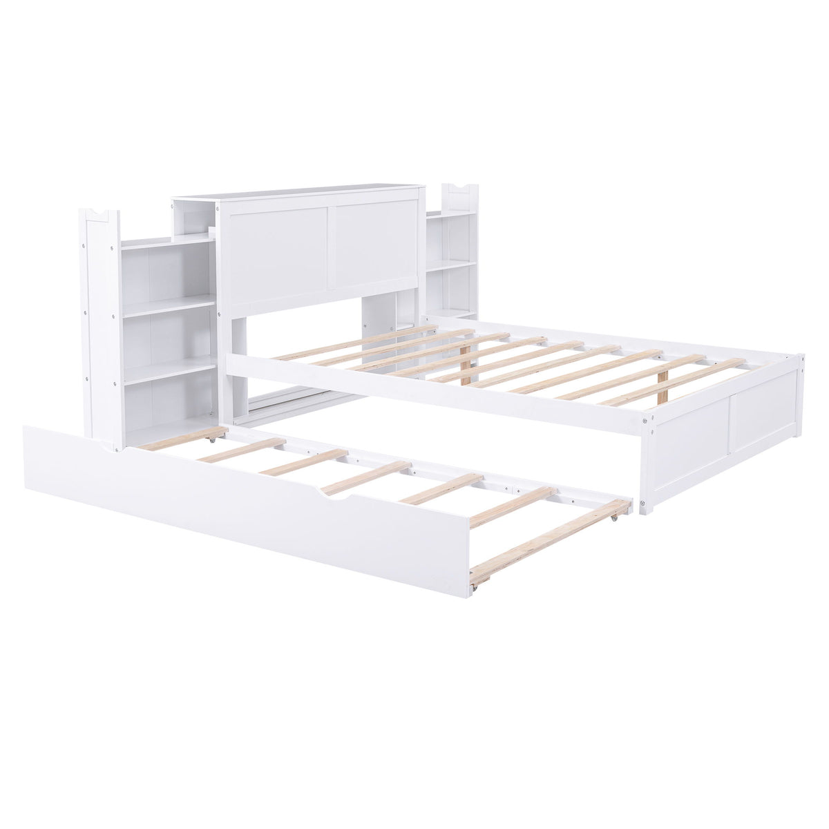 Storage Platform Bed With Pull Out Shelves And Trundle