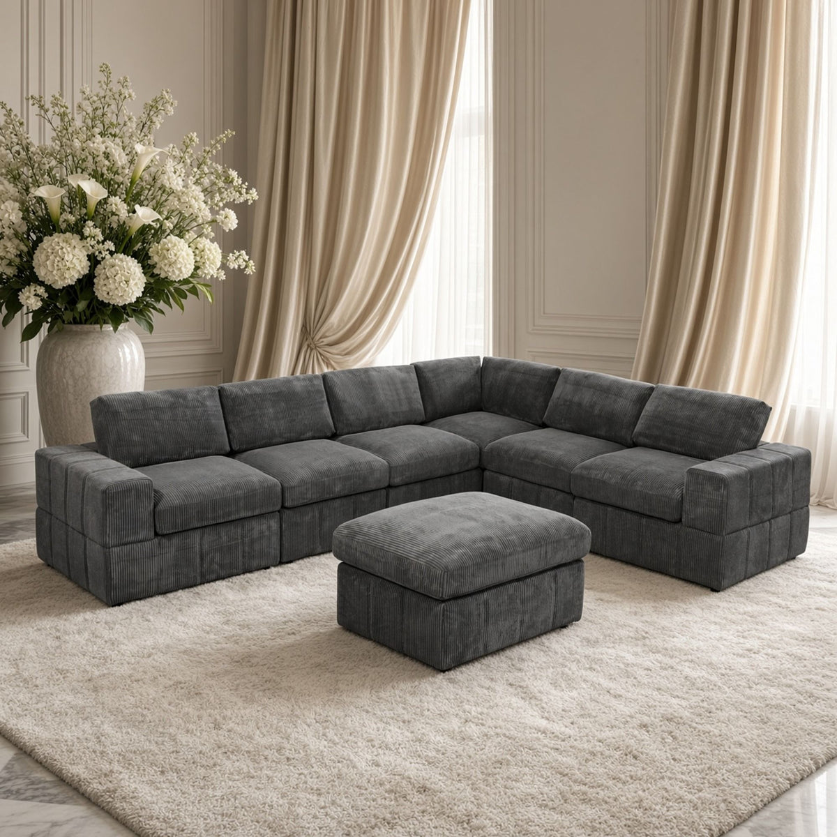 Oversized Modular Sectional Sofa, Reversible With Ottoman