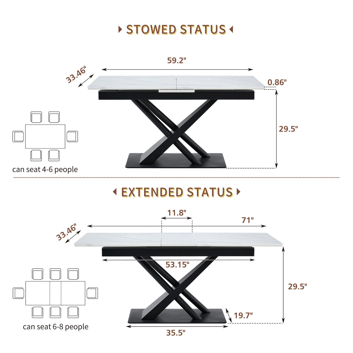 Dining Table With Geometric X Frame For Kitchen Or Dining Room - White Marble