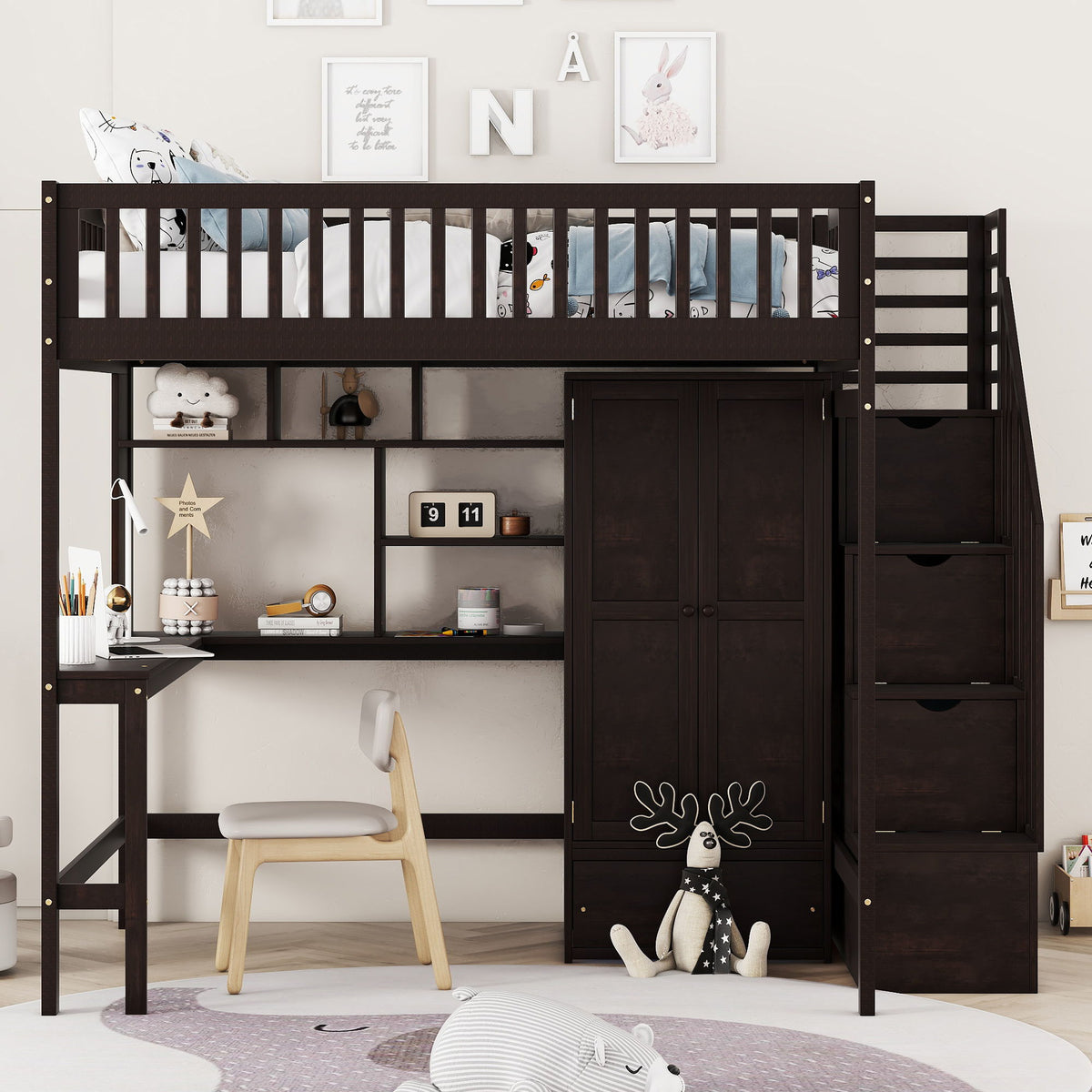 Loft Bed With Bookshelf, Drawers, Desk, And Wardrobe