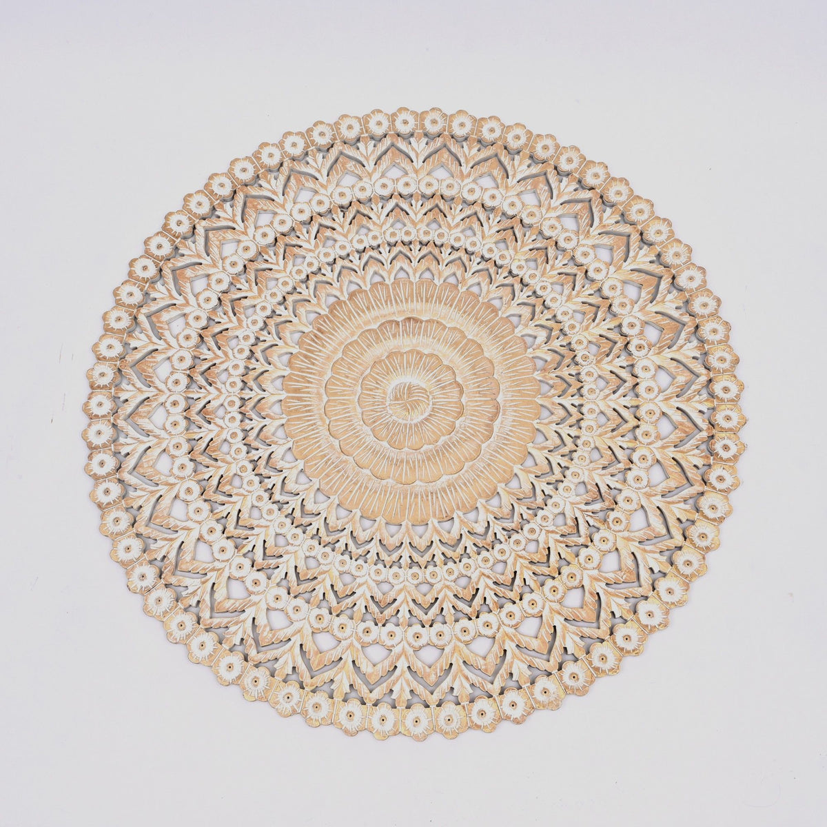 Floral Hand Carved Mandala Round Wall Decor - Brown / Antique White