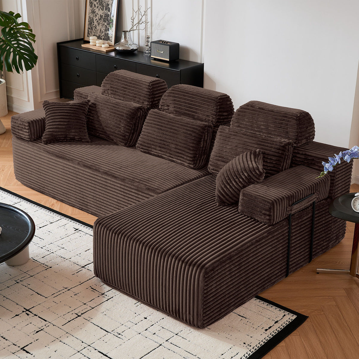 Sectional Sleeper Sofa & Storage Pockets, Modular Couch With Throw Pillows For Living Room
