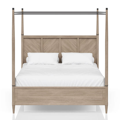 Queen Canopy Bedroom Set With A 2 Drawer Nightstand A Dresser With Poster Mirror And A Door Chest - Sand