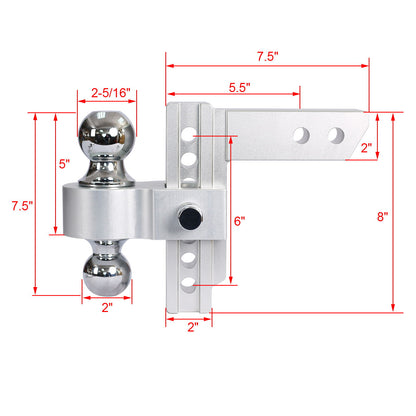 Alu - Adjustable Trailer Drop Hitch With 2" Receiver, 6" Adjustment - Silver