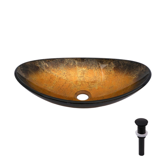 Veined Vessel Sink With Pop Up Drain, Boat Shape Bathroom Sink Above Counter - Gold