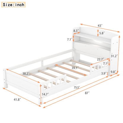 Wood Platform Bed With Built In LED Light, Storage Headboard And Guardrail