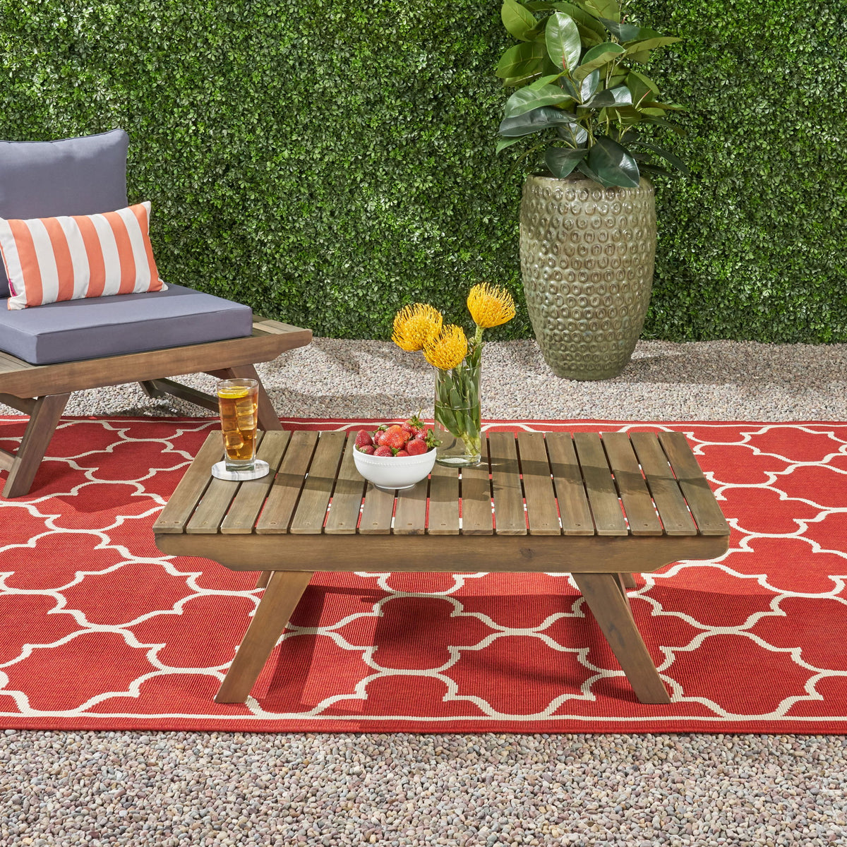Outdoor Acacia Wood Coffee Table With Open Slat Design - Gray