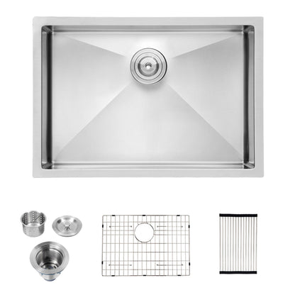 28" Undermount Kitchen Sink With, 10" Deep, Single Bowl, Rounded Corners - Brushed Nickel