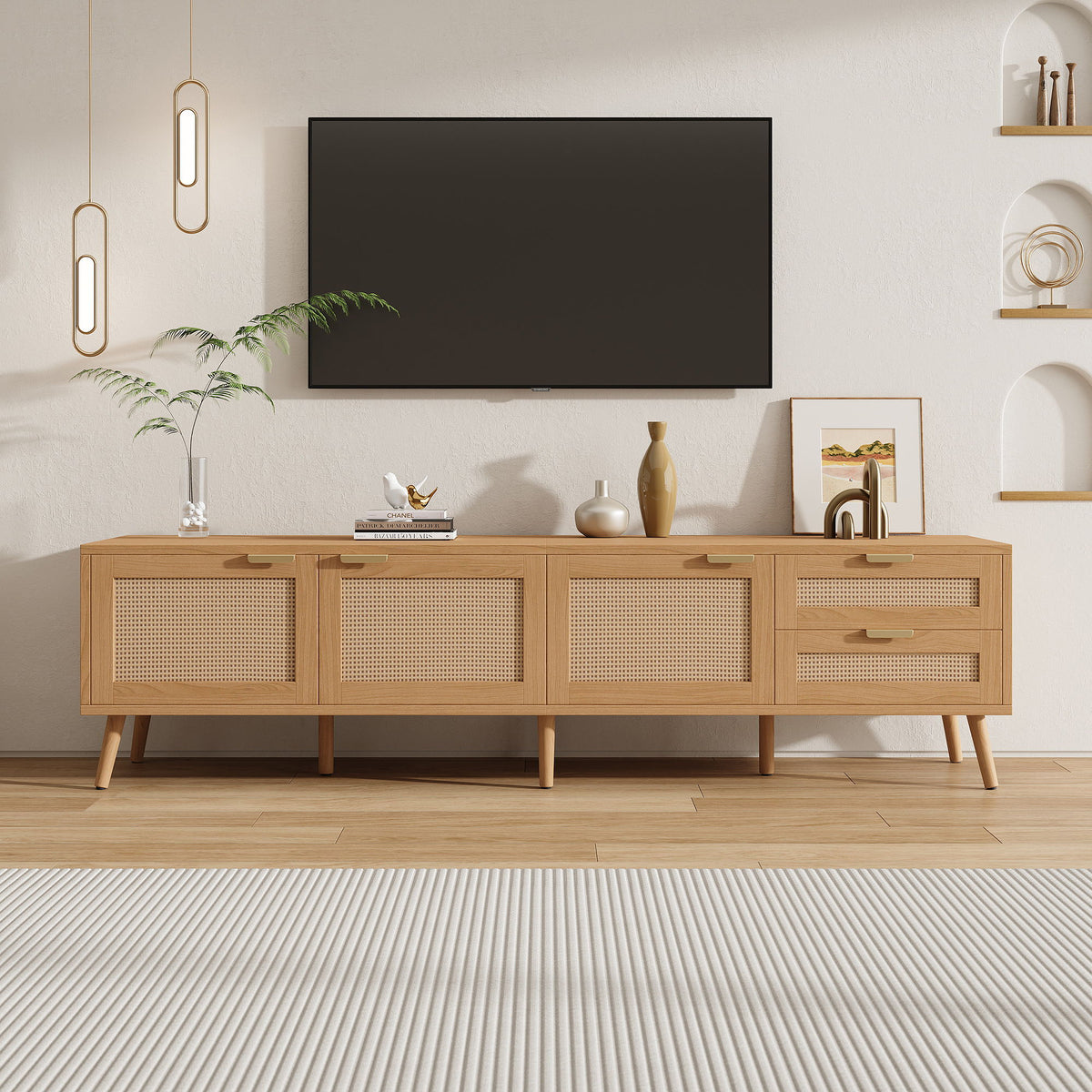 TV Stand, Media Console, 2 Drawers & Cable Management - Natural Wood
