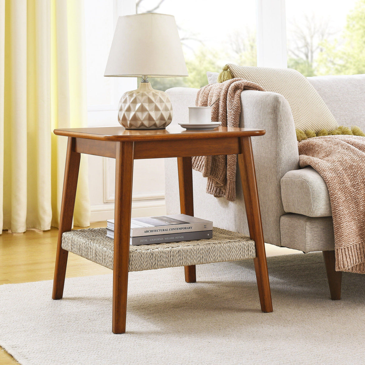 Mid - Century Square Side Table With Woven Shelf - Walnut