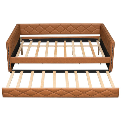 Upholstered Full Long Daybed With Trundle And LED Armrests - Brown