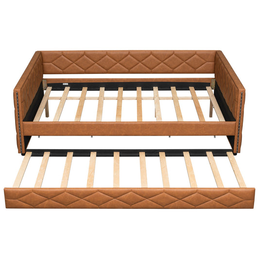 Upholstered Full Long Daybed With Trundle And LED Armrests - Brown